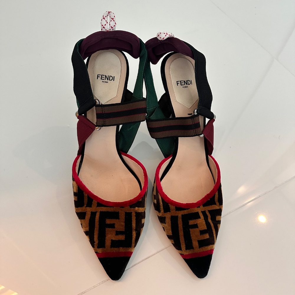 FENDI Tricolor Zucca Velvet Colibri Slingback Pumps Size 40
